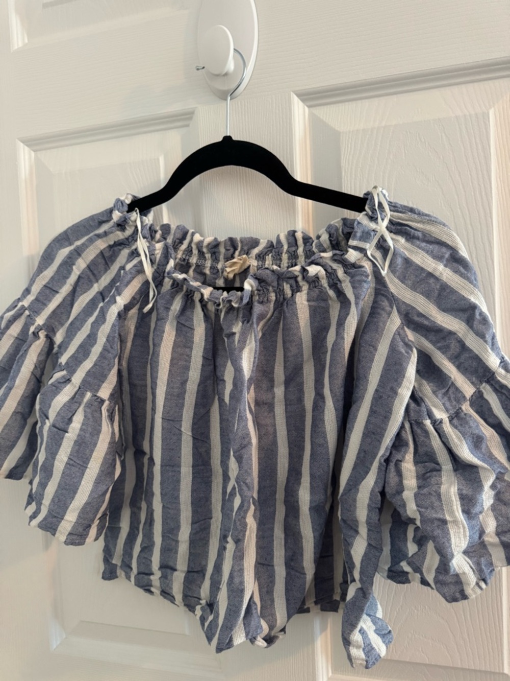 Striped Off-Shoulder Flutter Sleeve Top - Blue & White